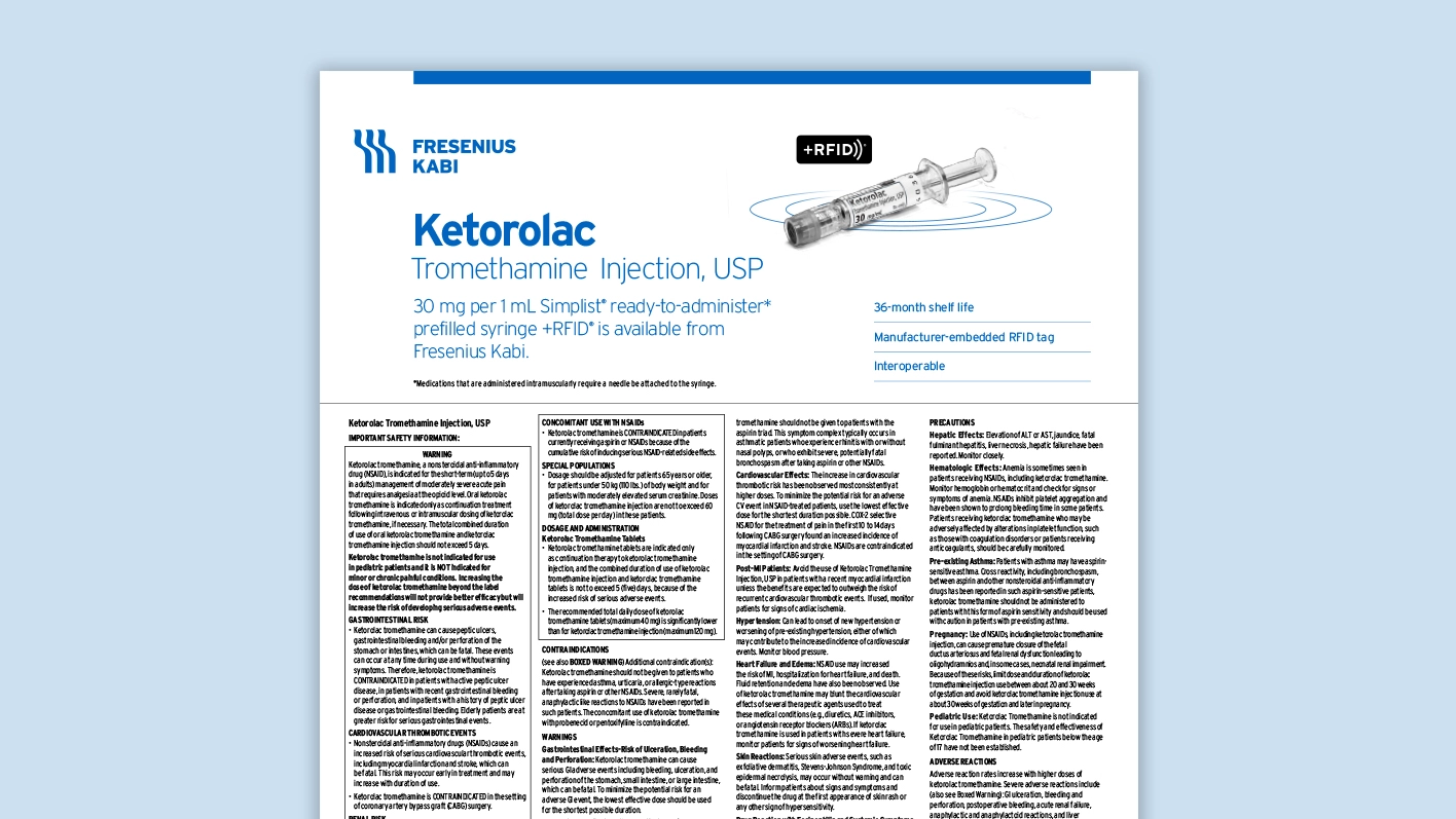 Ketorolac +RFID® Product Family Information Card